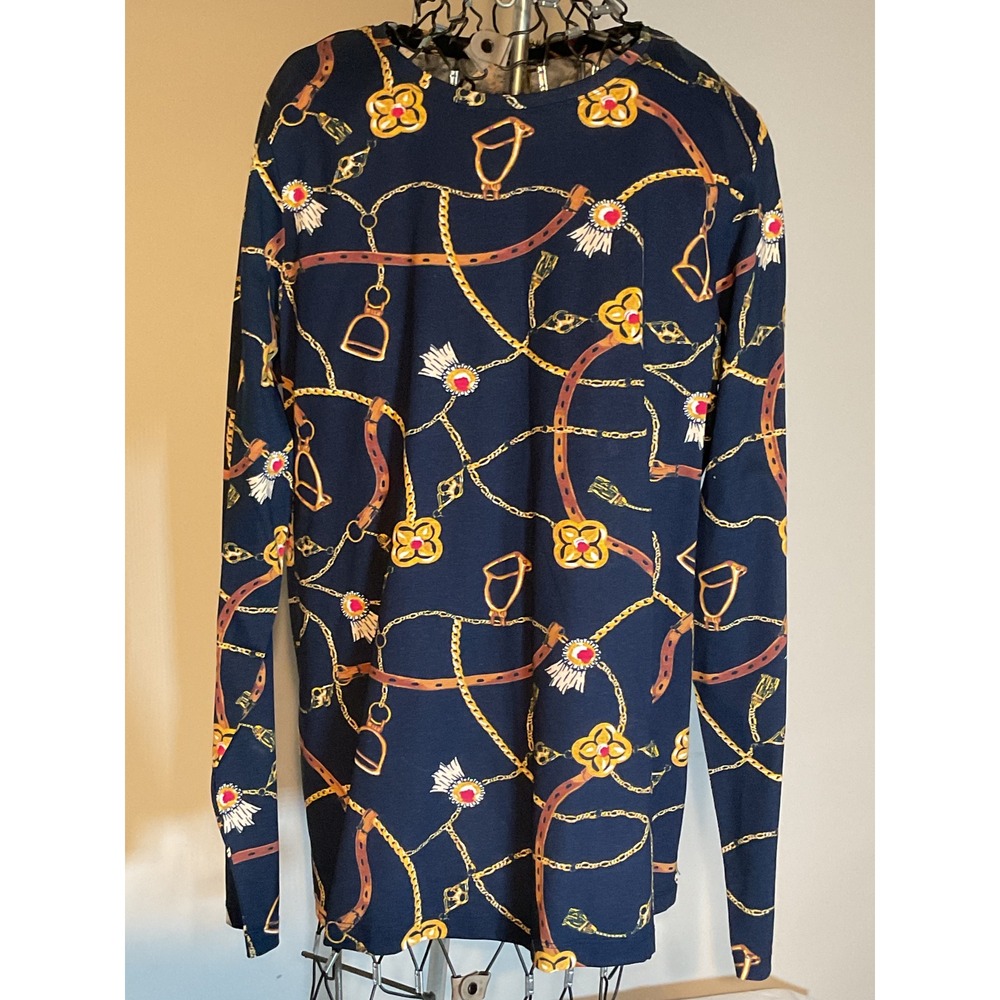 Kim Rogers Perfectly Soft Navy Equestrian Chain Print‎ Top Petite Large NWT